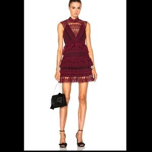 Self-Portrait Teardrop Guipere Paneled Mini Dress, Bordeaux color, Size 6